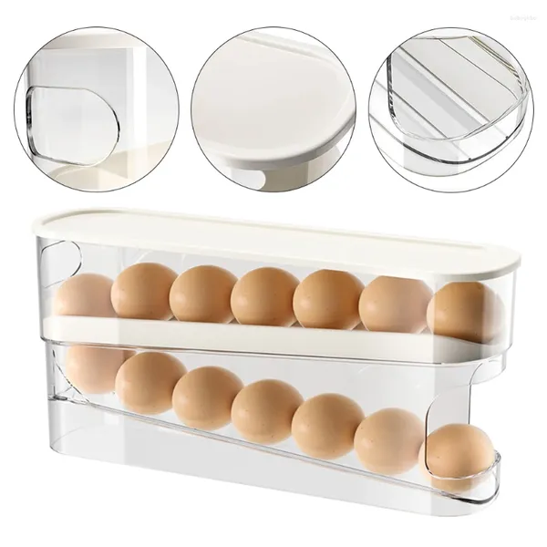 Almacenamiento de cocina, soporte para huevos con desplazamiento automático con tapa, contenedor dispensador de 12 unidades para frigorífico