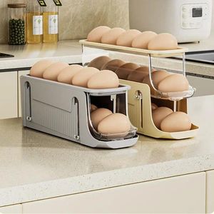 Almacenamiento de cocina, dispensador automático de caja para huevos con desplazamiento, soporte para huevos enrollable automático, organizador para refrigerador, aparatos para el hogar