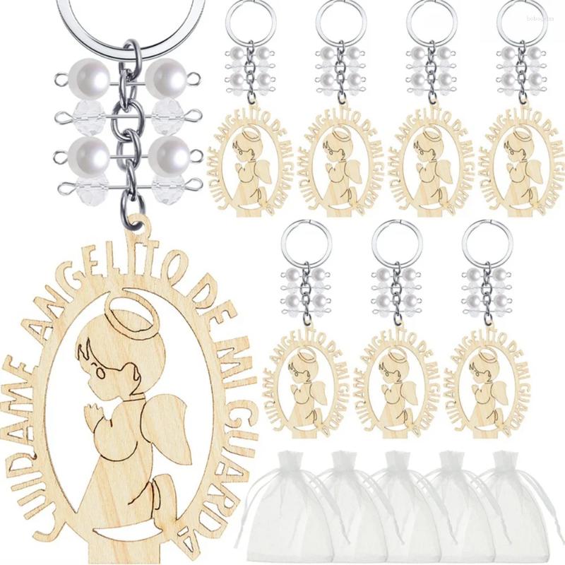 Kitchen Storage Baptism Souvenirs First Communion Favor For Boys Or Girls Keychain Wooden Key Rings Christening With Organza Bag