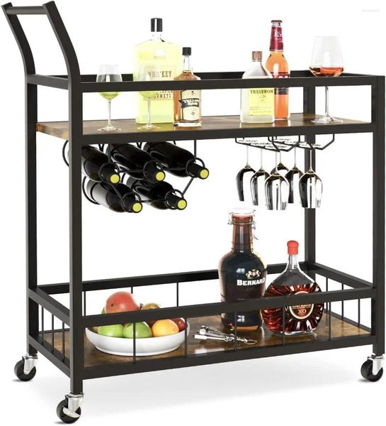 Carro de almacenamiento de cocina para Bar, carrito de vino móvil Industrial para el hogar, con ruedas, estantes y soporte para vasos, color negro