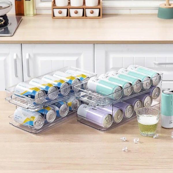 Estante de almacenamiento para bebidas para cocina, organizador rodante transparente con capacidad para cerveza de dos capas y automático para limpieza