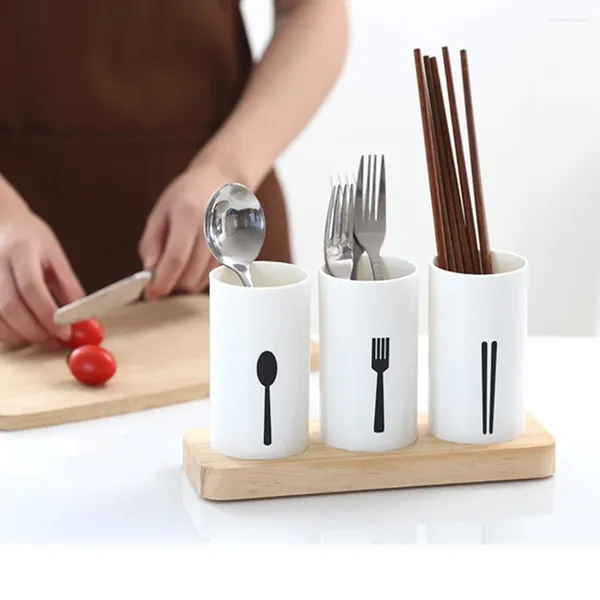 Soporte de almacenamiento de cocina para palillos, estante para vajilla, organizador de cubiertos con Base de madera, tubo de cubiertos, utensilio de madera