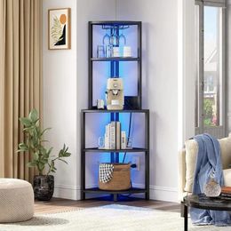 Étagère d'angle de rangement de cuisine avec prises de courant, lumières LED et support en verre, bibliothèque, présentoirs, support pour le salon