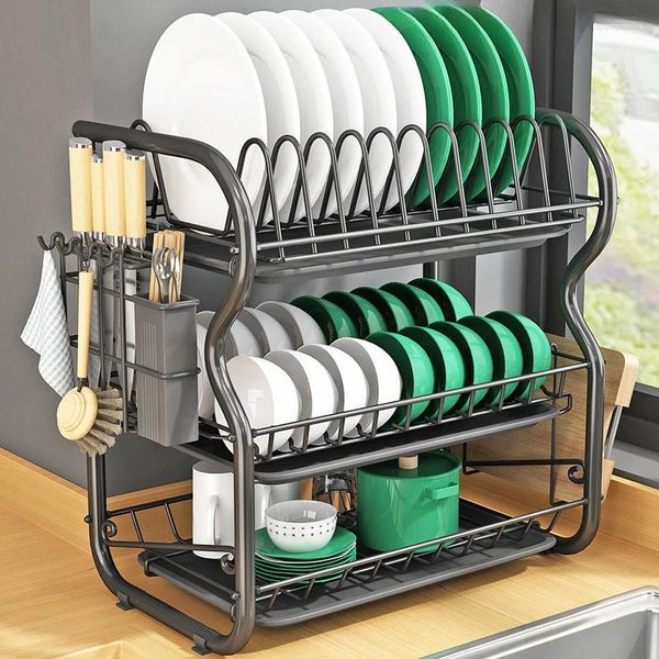 Estante para cubiertos de almacenamiento de cocina, cuenco de secado de acero inoxidable, estante de drenaje para platos, organizador, escurridor de 3 niveles, soporte para bandeja secadora