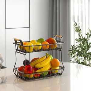 Panier à fruits détachable avec manche en bois, rangement de cuisine, support de Snacks en métal rectangulaire à 2 niveaux, organisateur de porte-légumes