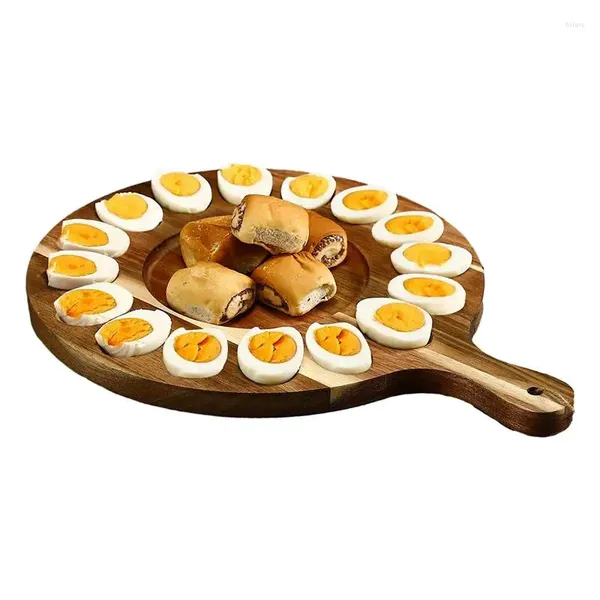 Plateau à œufs farcis de rangement de cuisine, plateau rond en bois créatif avec poignée 16 trous, service pour les œufs au fromage à la maison