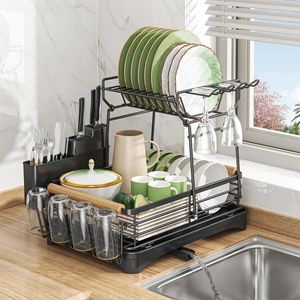 Égouttoir à vaisselle et bols de cuisine, étagère de placard à 2 niveaux, baguettes, couteau, fourchette, organisateur de tasses, égouttoir d'évier de comptoir