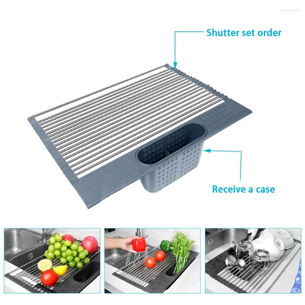Deslenador de platos de almacenamiento de cocina sobre fregadero para organizador de múltiples usos secos de secado plegable frutas vegetales cargador de carne