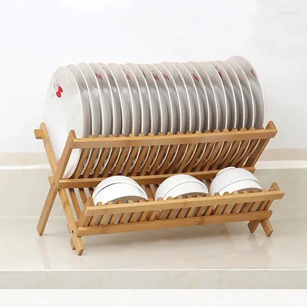 Support de séchage de vaisselle pliable en bois de bambou, rangement de cuisine, support de vidange pour bol, couverts, organisateur à domicile