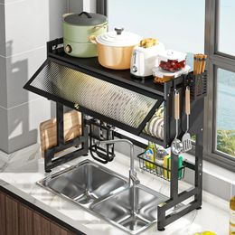 Estante de secado de platos para almacenamiento de cocina, escurridor grande sobre el fregadero con soporte para tabla cortada, soporte para utensilios, estantería