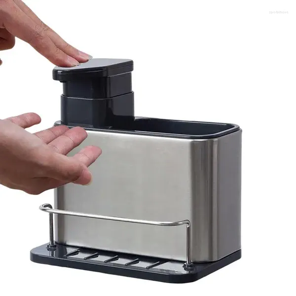 Dispensador de jabón para platos, almacenamiento de cocina con soporte de esponja, fregadero, organizador de drenaje de lavado de acero inoxidable