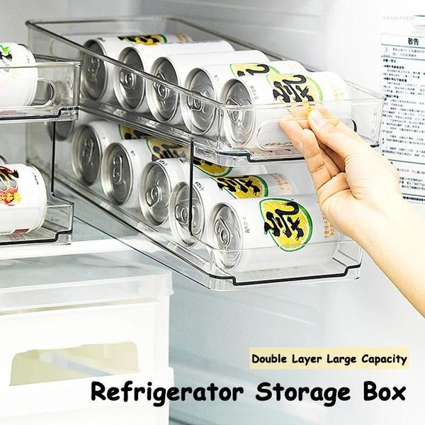 Organizador de latas de refresco de doble capa para almacenamiento de cocina, dispensador de bebidas para refrigerador, caja rodante automática de cerveza enlatada