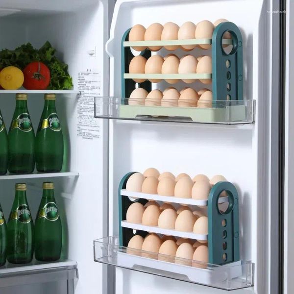 Caja de huevos para almacenamiento de cocina, cajón abatible de 3 capas, estante de 30 celdas de gran capacidad, accesorios orgánicos laterales para refrigerador