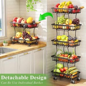 Cuisine Storage Élégant Panier de fil à 5 niveaux de style boho sur roues - Économie d'espace organisée pour les fruits légumes