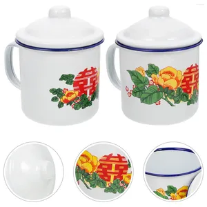 Taza de café esmaltada para almacenamiento de cocina, 2 uds., taza para beber Vintage, agua de hierro para acampar con tapas, tazas de vino para el hogar, leche, té, 500Ml