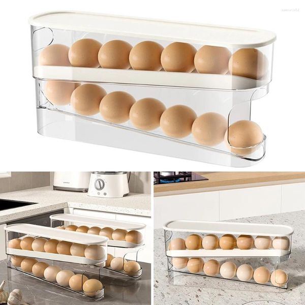 Distributeur d'œufs au réfrigérateur, rangement de cuisine, Double rangée, support roulant automatique avec couvercle, conteneur, plateau organisateur d'œufs