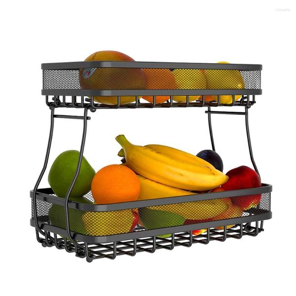 Panier de fruits de rangement de cuisine, organisateur de comptoir à 2 niveaux avec bol en treillis métallique en acier au carbone audacieux pour pain et légumes détachables