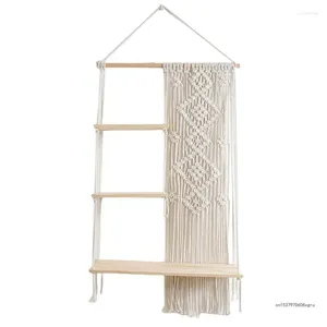 Panier de jardinière suspendu en macramé tissé à la main, rangement de cuisine, étagères en bois, décor de support à 3 couches