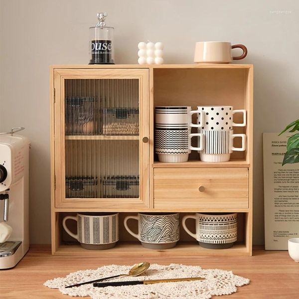 Armoire de rangement de cuisine de grande capacité, porte-gobelet anti-poussière, étagère d'organisation en bois massif, décoration de salon côté repas