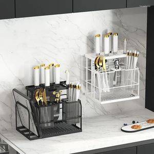 Cuisine rangement lumière luxe mural comptoir étagère porte-couteau baguettes fourchette cuillère planche à découper égouttoir