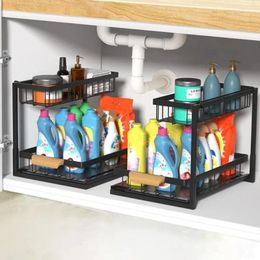 Organizador de gabinete extraíble de Metal para almacenamiento de cocina, cajón deslizante, resistente, multifuncional, para organización del baño, color negro