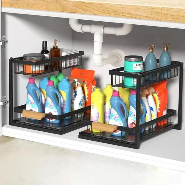 Organisateur d'armoire extractible en métal de rangement de cuisine avec tiroir coulissant robuste multifonctionnel pour l'organisation de la salle de bain noir