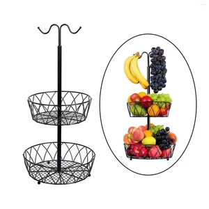 Cesta de fruta de alambre de Metal para almacenamiento de cocina, 2 niveles con colgador para plátanos, estante desmontable para cuenco, pan para encimera