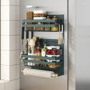 Storage de cuisine sans trou de réfrigérateur Back à épices magnétique avec crochets porte-serviette en papier micro-ondes côté accrochage Organisateur