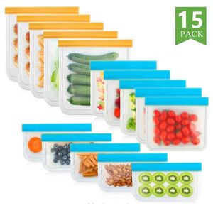 Organisation de stockage de cuisine 15 pièces sac de légumes de fruits alimentaires en silicone réutilisables conservation fraîche scellé congélateur étanche Ziplock 230221