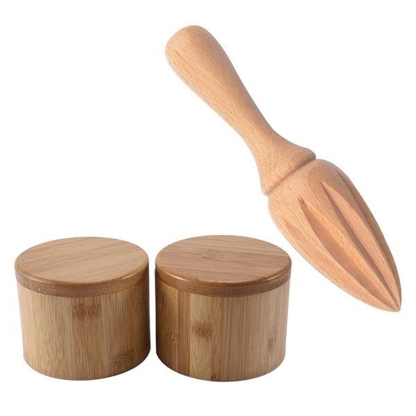 Organisation de stockage de cuisine 1 pièces presse-citron en bois Mini presse-agrumes avec 2 pièces boîtes boîte à sel bambou 230915