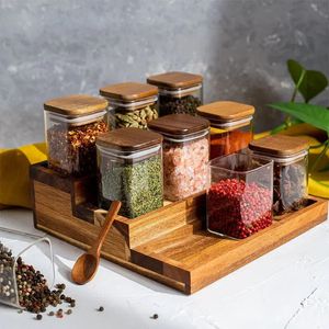 Kitchen Storage Organization 4Pcs Acacia Wood Cover Seasoning Jar Square Transparent Glass Bottles Salt Spice Restaurant Sealing Cans 231216