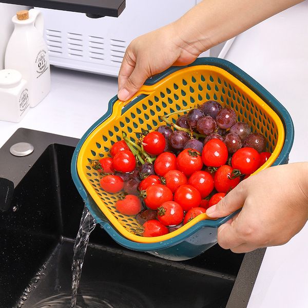 Plásticos Organización de almacenamiento de cocina Cesta de drenaje de doble capa Lavado Colador Cestas Drenaje Tazón de agua Frutas Verduras Arroz Colador Herramienta de limpieza ZL0270