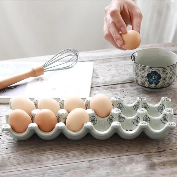 Organisation de rangement de cuisine japonaise réutilisable sous émaillée couleur céramique 12 grilles de séparation plateau à œufs plat rectangulaire boîte ménagère