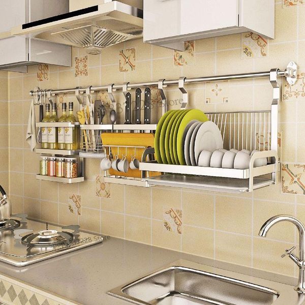 Organización de almacenamiento de cocina, colgante sin perforaciones, varilla colgante de acero inoxidable 304, estante de drenaje, Hardware de pared