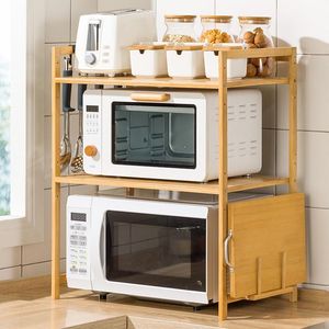 Étagère de rangement pour cuisine étagère à micro-ondes en bambou à 2 niveaux organisateur d'épices réglable en hauteur support d'ustensiles de cuisine