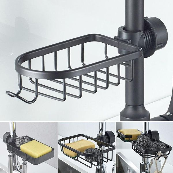 Organización de almacenamiento de cocina Espacio Grifo de aluminio Fregadero Rejilla de drenaje Soporte de esponja de jabón ajustable Estante de barra de ducha Organizador de baño Baske