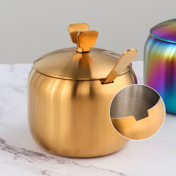 Organización de almacenamiento de cocina Acero inoxidable Condimento de oro Condimento Olla Diseño encantador Especias Sal Contenedor de azúcar Herramienta de tarro de pimienta con tapa y cuchara 230627