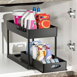 Organizador de almacenamiento de cocina, suministros debajo del fregadero, cajones deslizantes, estantes, gabinete negro, cesta, estante para baño 240125