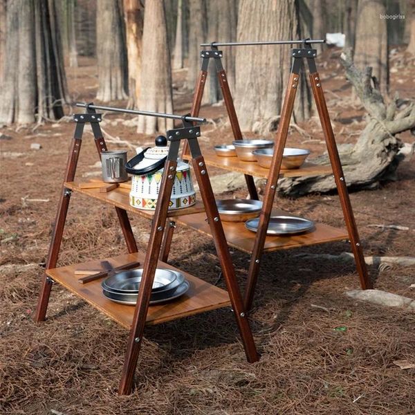 Almacenamiento de cocina al aire libre de 2 capas portátiles portátiles múltiples estantes múltiples para acampar mesa de picnic plegable senderismo