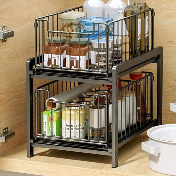 Organisateur d'armoire de rangement de rangement de cuisine avec 2 tiroirs de panier coulissant salle de bain et étagère empilable pour