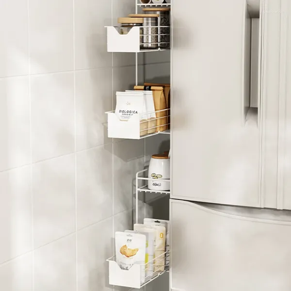 Soporte de pared de succión magnética para refrigerador de almacenamiento de cocina, estante extraíble para condimentos con hendidura estrecha, estantes laterales de acero al carbono