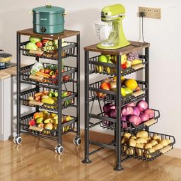 Rangement de cuisine SAYZH panier à fruits pour grand fil coulissant à 5 niveaux avec dessus en bois et roues chariot à légumes