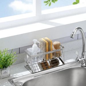 Rangement de cuisine évier en argent porte-éponge grande capacité en acier inoxydable brosse égouttoir creux avec panier de plateau de vidange amovible