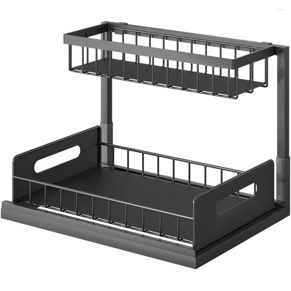 Organisateur d'évier de rangement de cuisine, armoire coulissante, étagère coulissante à 2 niveaux, multi-usage pour le dessous et