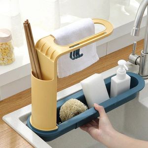 Support d'évier de rangement de cuisine avec 4 crochets, étagère de réglage, égouttoir d'éponge, panier extensible, support de robinet