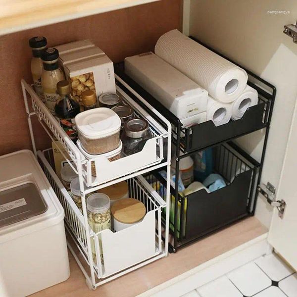 Panier de rangement de cuisine coulissant, organisateur polyvalent à 2 niveaux, empilable sous l'évier avec tiroirs pour la maison