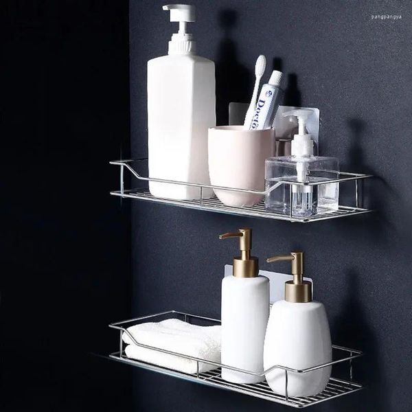 Almacenamiento de cocina, estante de ducha de baño de acero inoxidable, sin perforaciones, estante colgante de pared para inodoro, organizador, juego de estantes esquineros