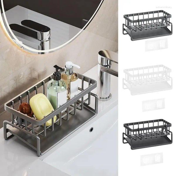 Estante Caddy de acero inoxidable para almacenamiento de cocina, bandeja de drenaje y toallero desmontable, soporte de esponja para artículos de baño