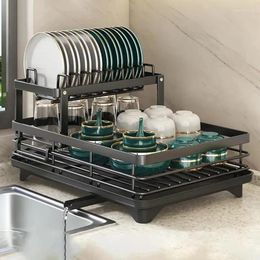 Rangement de cuisine en acier inoxydable Plat séchage rack de plaques réglables Drain Organisateur Drain sur le comptoir du couvert de comptoir d'évier