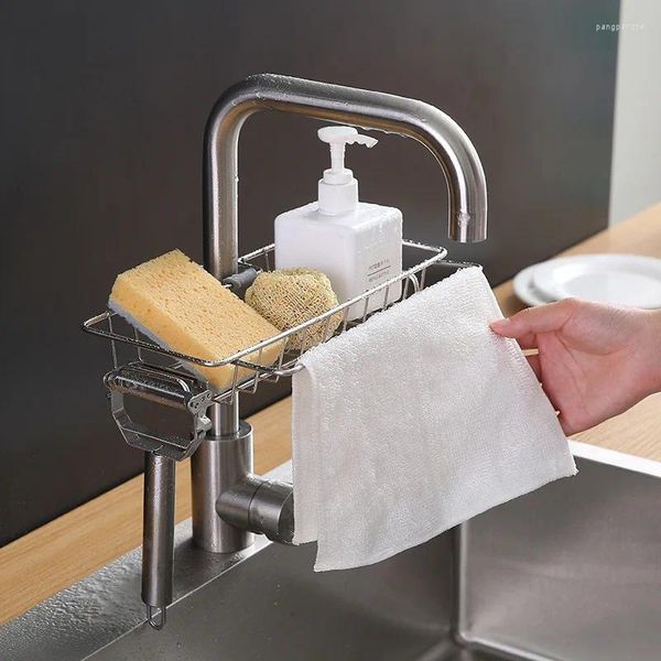 Estante de fregadero de acero inoxidable para almacenamiento de cocina, soportes para grifo de jabón y esponja, estante de secado, cesta, organizador de paños, utensilios para el baño